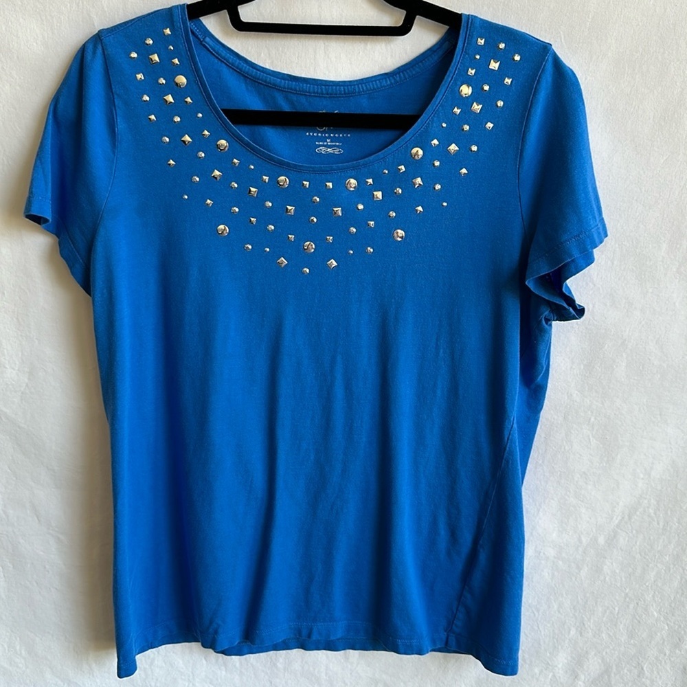 Studio Works blue top with silver studs, size M